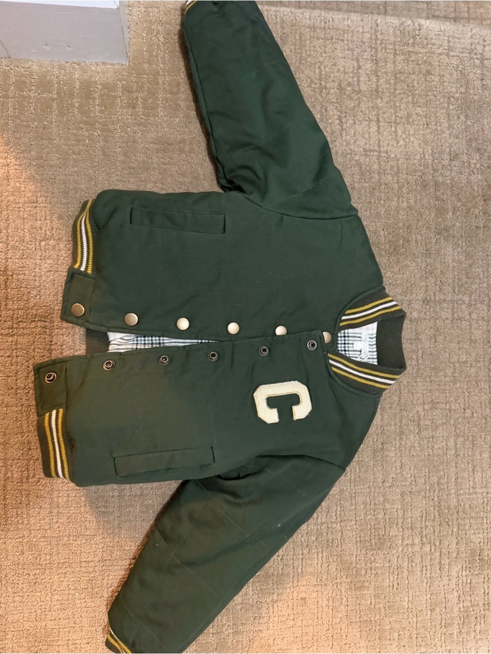 Rylee + Cru Dark Green Kids Letterman Jacket with Cream 'C' Patch